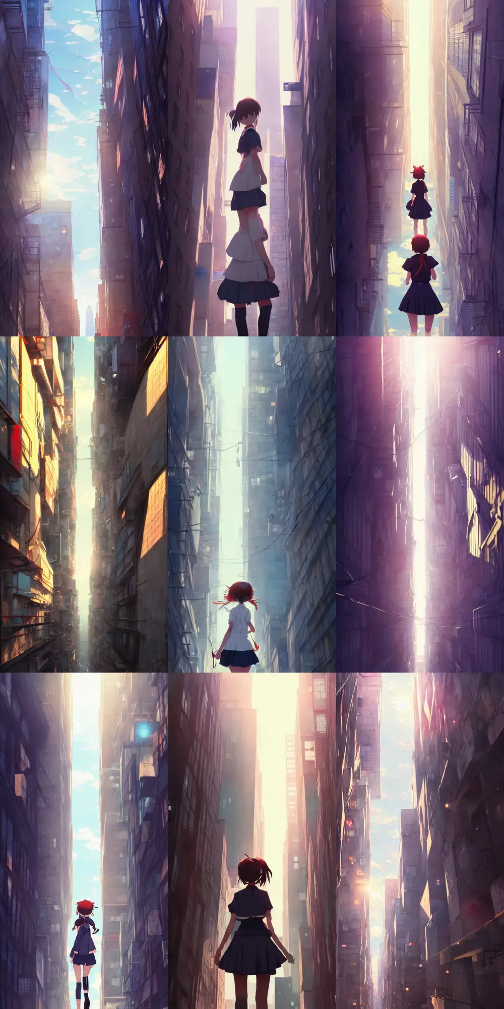 Prompt: anime school girl walk toward light in extreme narrow alley of new york, sky line, extreme high building, extrem low angle shot. by greg rutkowski, makoto shinkai, trending on pixiv, global illumination, radiant light, detailed illustration