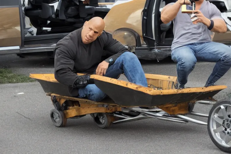 Image similar to Vin Diesel driving a wheelbarrow