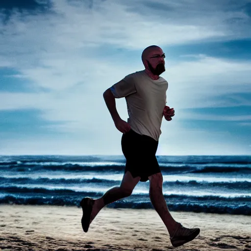 Image similar to Walter White running on the beach, artistic, 8k, cinematic, accurate, symetric, face, dramatic lighting, pastel colours