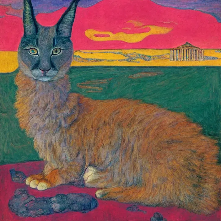 Image similar to close portrait of cute fluffy caracal, with ancient greek city with marble columns temple. sun through the clouds, vivid iridescent colors. agnes pelton, egon schiele, munch, henri de toulouse - lautrec, utamaro, monet