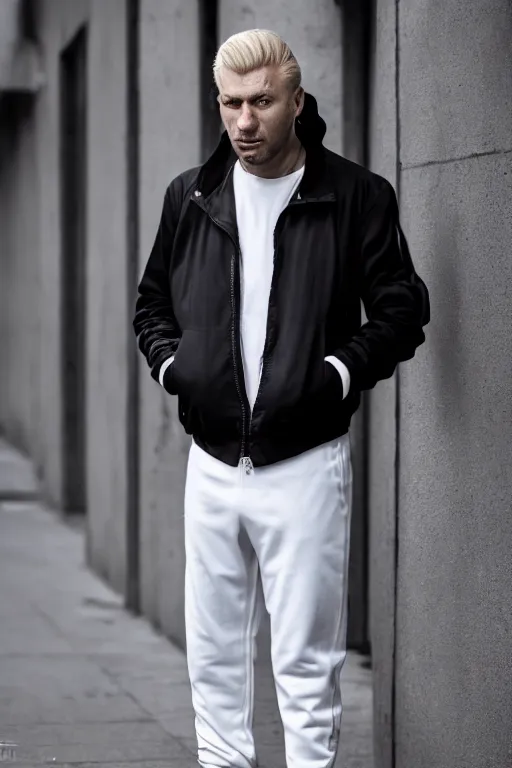 Prompt: extreme long shot. 35 years old blonde russian man in white adidas pants. black letaher jacket. white sneakers. hangover face. staying on the street. 4k, 8k, hyprerealistic, extreme hight detail, trending on artstation, masterpiece