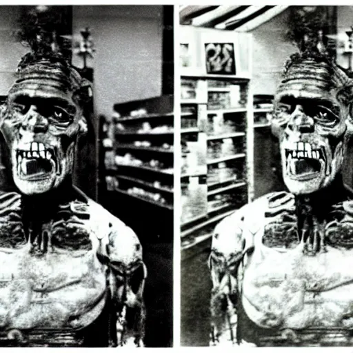 Prompt: foto of frankenstein in the grocery store, restored color, 4 k
