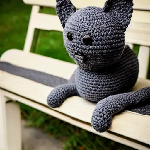 Image similar to A crocheted cat on a park bench, handmade, natural lighting, photography style, extremely detailed, trending on Pinterest