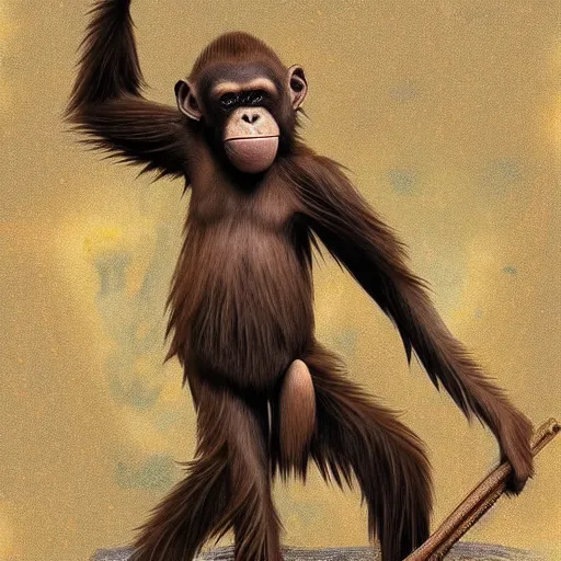 Image similar to “tall Goblin orangutan human hyena hybrid with mange holding a spear, jungle background”