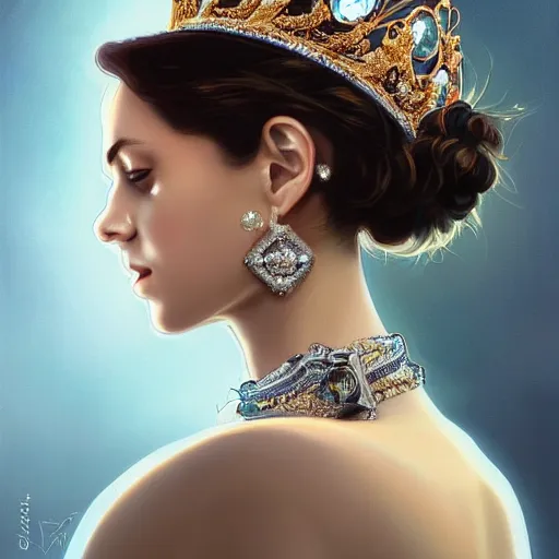 Prompt: portrait of a grey alien aristocrat wearing jewelry, a tiara, diamonds, confident, pretty, intricate, headshot, highly detailed, digital painting, artstation, concept art, sharp focus, cinematic lighting, illustration, art by artgerm and greg rutkowski, alphonse mucha, cgsociety