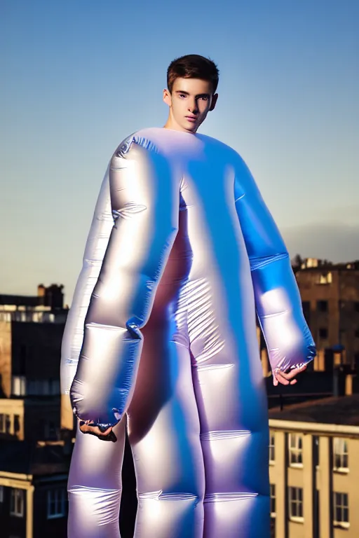 Image similar to un ultra high definition studio quality photographic art portrait of a young man standing on the rooftop of a british apartment building wearing soft baggy inflatable padded silver iridescent pearlescent clothing. three point light. extremely detailed. golden ratio, ray tracing, volumetric light, shallow depth of field. set dressed.