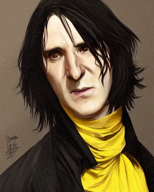 Image similar to portrait of a 3 2 - year - old man wearing black clothes, snape severus, with black, greasy, mid - length hair, hooked nose, dark brown eyes, yellow uneven teeth, highly detailed, digital painting, artstation, concept art, smooth, sharp focus, illustration, art by artgerm and greg rutkowski and alphonse mucha