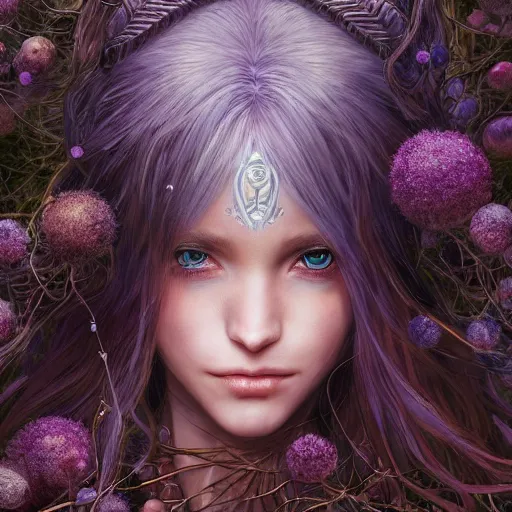 Prompt: character portrait of a fantasy sorceress with gorgeous detailed eyes and gorgeous detailed hair on the ground of a light forest, color page, tankoban, 4 k, tone mapping, akihiko yoshida, james jean, andrei riabovitchev, marc simonetti, yoshitaka amano, long hair, curly