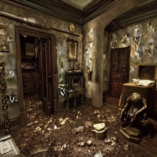 Prompt: room of a dark mansion, objects from ritual in the ground, realistic, highly detailed, background of resident evil game, guillermo del toro