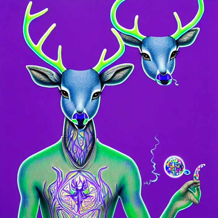 Image similar to an anthropomorphic male blue deer wearing a violet tracksuit blowing a bubble, by alex grey and jackson pollock, intricate details, artstation, psychedelic, hd, beautiful