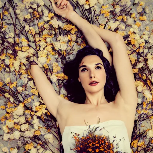 Image similar to full body fine art photo of the beauty gal gadot, she is lying down and covered by dried flowers, taken by oleg oprisco