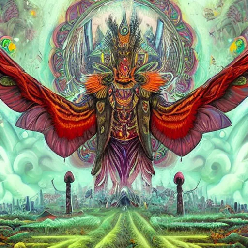 Image similar to 8K Portrait of centered chest up of a psychedelic godlike mothman with giant mandala wings smoking a hand-rolled cigarette smoking heavily , magic mushroom village in background , post-processing , award winning. superb resolution. in the art style of junji Ito and greg rutkowski . Detailed Mushroom city in background. Hyper realistic anime. Perfect art. Dalle2