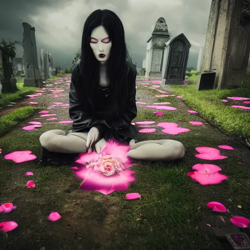 Image similar to cloudy cemetary with pink petals on the floor, goth woman sitting down, intricate details, complementary lighting, detailed face, backlighting, octane render, raytraced, depth of field, beautiful face, extremely detailed, trending in artstation, focus on face, sharp focus, radiant light, beautiful composition, yihao ren, zochi, zero - hour, jean paul fiction