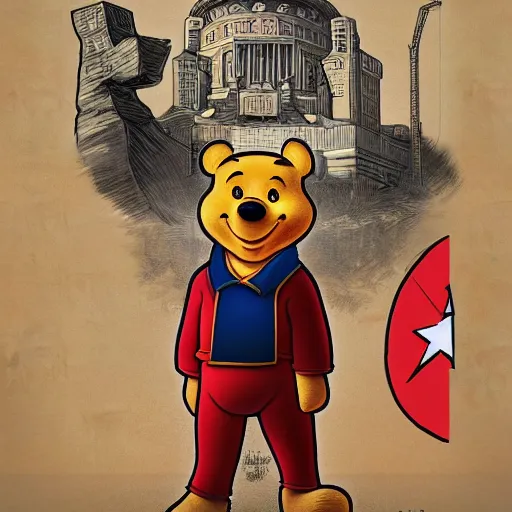 Image similar to xi jinping winnie the pooh in the style of cuban communist propaganda poster art in the year 1 9 8 7 ultra realistic, concept art, intricate details, highly detailed, photorealistic, octane render, 8 k, unreal engine. art by artgerm and magali villeneuve