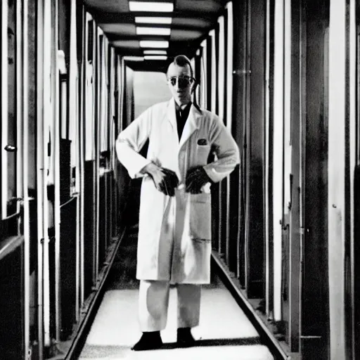 Prompt: a 1 9 5 0 s male scientist wearing a lab coat standing lost in the backrooms, mono - yellow old moist carpet, empty liminal space, very dark shadows, broken fluorescent lighting, horror movie scene, film grain