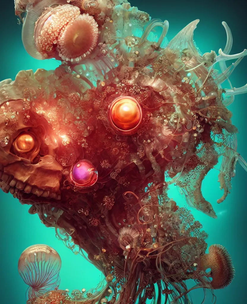 Image similar to goddess close-up portrait ram skull, thorax, x-ray, backbone, jellyfish phoenix head, nautilus, orchid, skull, betta fish, bioluminiscent creatures, intricate artwork by Tooth Wu and wlop and beeple. octane render, trending on artstation, greg rutkowski very coherent symmetrical artwork. cinematic, hyper realism, high detail, octane render, 8k