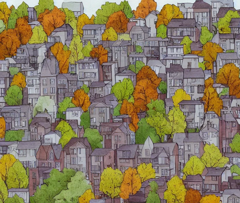 Prompt: A small neighborhood with tall houses in the fall months, rotoscoped, rotoscope, photoshop, photomanipulation, realism, painting, illustration and sketch, weird scribbles, hybrid styles, hybrid art styles, mismatched, trending on artstation, trending on deviantart, weird, quirky, interesting, very detailed, highly detailed, HD Quality, 4k resolution, 8k resolution, colored with orange brown yellow and red, in the style of David Firth, in the style of James Lee, in the style of Drue Langlois,