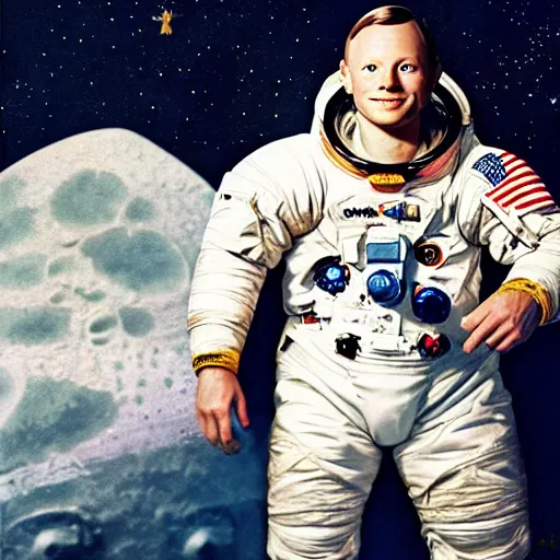 Image similar to disney weta portrait of neil armstrong, highly detailed, with apollo spaceship imagery, in the style of posters from 1 9 6 7