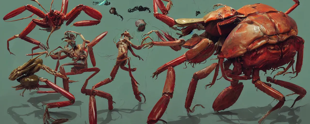 Prompt: duotone olive green crab crimson illustration 3 / 4 portrait of gollum kun fu fighting with giant shrimps dynamic chaotic composition accidental renaissance golden ratio. by sachin teng and sergey kolesov and ruan jia and heng z. graffiti art, scifi, fantasy, hyper detailed. octane render. concept art. trending on artstation