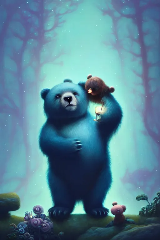 Image similar to a surreal Bioluminescent, very very very cute lost bear in a happy world by Daniel Merriam, Trending on Artstation, oil on Canvas by Elena Zhurikhina and Goro Fujita and Charlie Bowater, octane render, 4k, 8k, HD