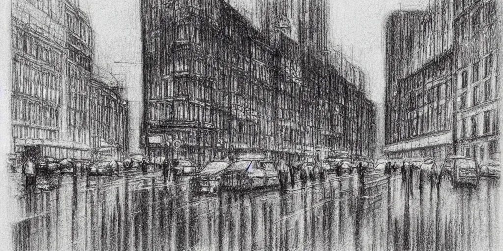 Prompt: a drawn gloomy city in the rain. pencil sketch