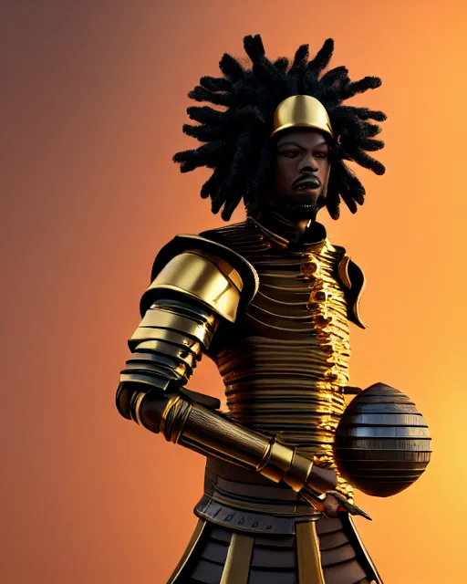 Prompt: fully armored african samurai, unreal engine 5, dreadlocks, man, blender, symmetrical face, atmosphere, dark brown skin, gold teeth, face visor, gold beads, depth of field, landscape, lush, ultra realistic, cinematic, macro, artstation, megascan, elegant, epic, Quixel, weta digital, focus, octane render, v-ray, 8k, art by Sonia Delaunay