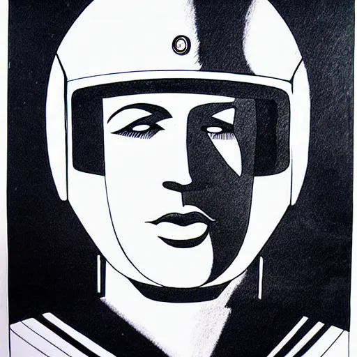 Prompt: black and white Beautiful art deco ink drawing of detailed 1970s sci-fi space pilot with detailed face. Vibrant volumetric natural light.