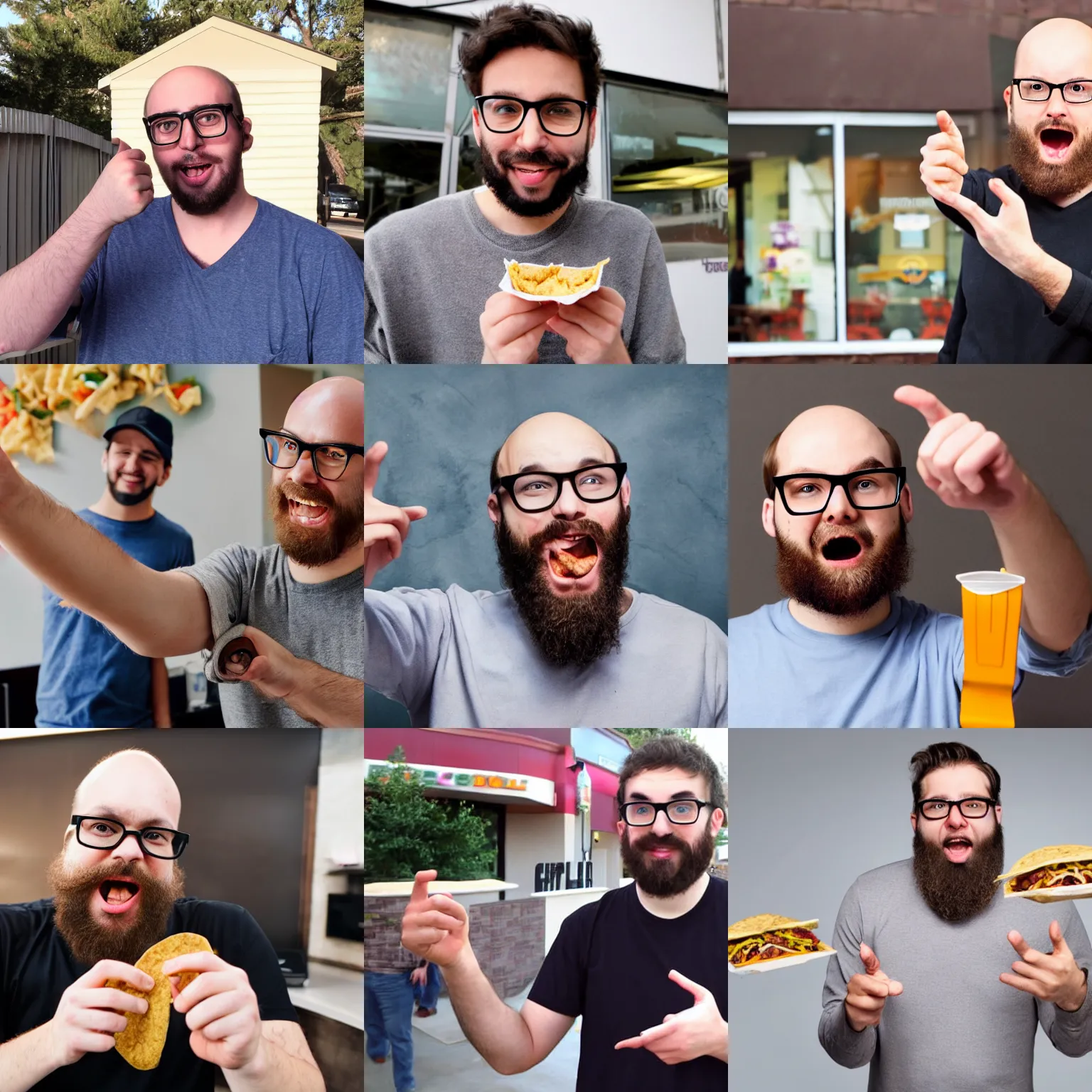 Prompt: balding young man with glasses and a beard staring at the camera, mouth agape, and pointing at a taco bell.