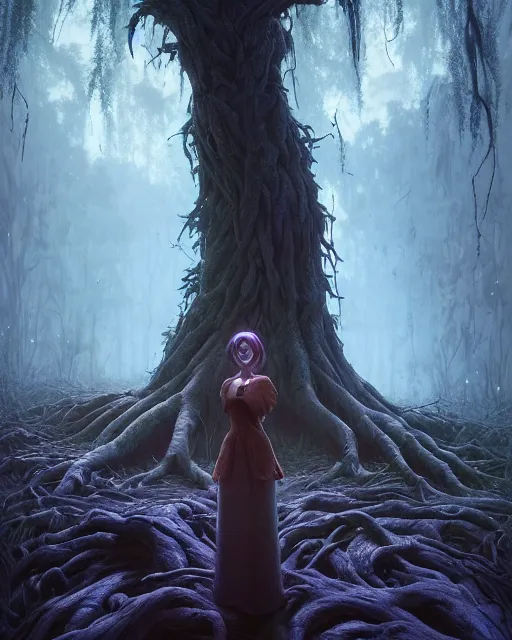 Image similar to highly detailed surreal vfx portrait of a cursed monster in a shadowy forest by a willow tree, stephen bliss, unreal engine, greg rutkowski, loish, rhads, beeple, makoto shinkai and lois van baarle, ilya kuvshinov, rossdraws, tom bagshaw, alphonse mucha, global illumination, detailed and intricate environment