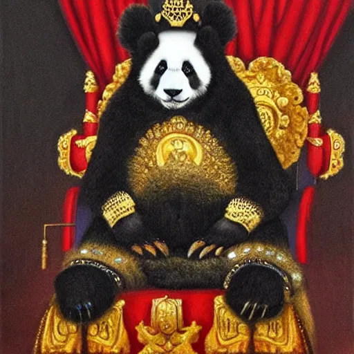 Image similar to an oil painting of a panda wearing royal robes and a royal crown on a dark background