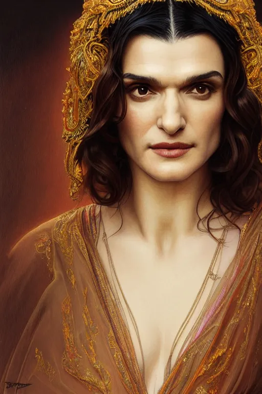 Image similar to body portrait of rachel weisz wearing a flowing silk robe, wearing an ornate ancient headress, by terry o'neill intricate, elegant, highly detailed, digital painting, artstation, concept art, smooth, sharp focus, bold lighting, deep colors, dark background, illustration, art by artgerm and greg rutkowski and alphonse mucha, 8 k,