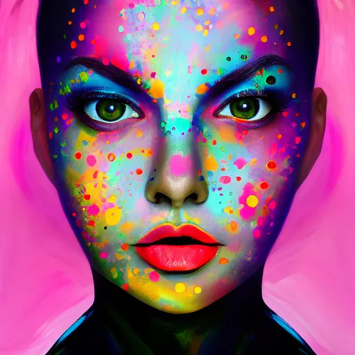 Image similar to beautiful face of girl in style spotty pointism with three eyes, super bright colors, colored spots, mixed liquid acrylic, painting come to life, artstation, ultradetail