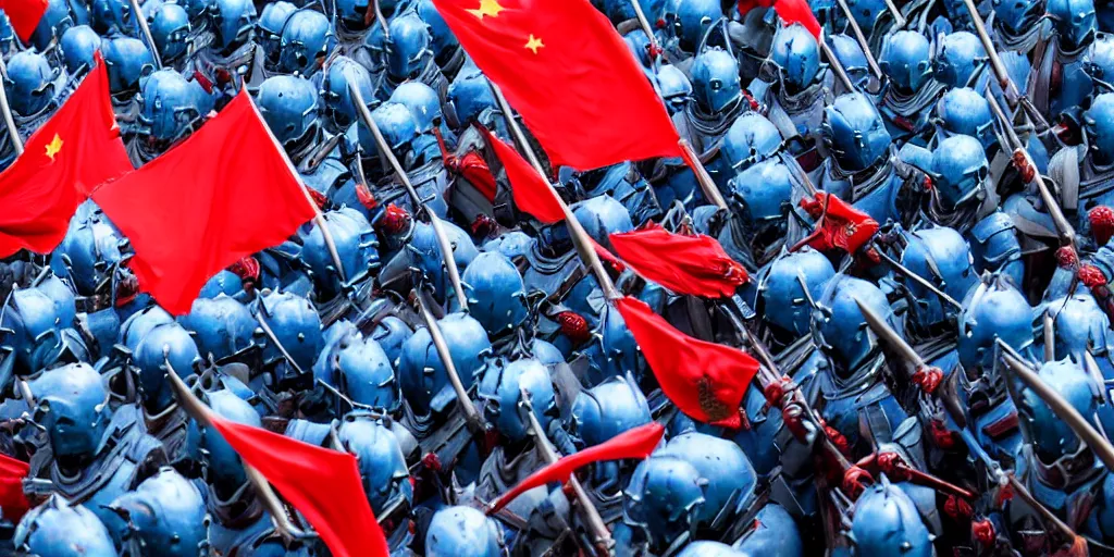 Image similar to mid action shot cinematic artwork of an army of warriors in blue armor fighting an ancient Chinese army wearing red armor and holding red flags on the battlefield by greg rutowski, masterpiece, 4k