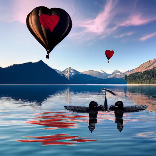 Image similar to photo of two black swans swimming in a beautiful reflective mountain lake, touching heads, forming a heart with their necks, a colorful hot air balloon is flying above the swans, hot air balloon, intricate, 8k highly professionally detailed, HDR, CGsociety