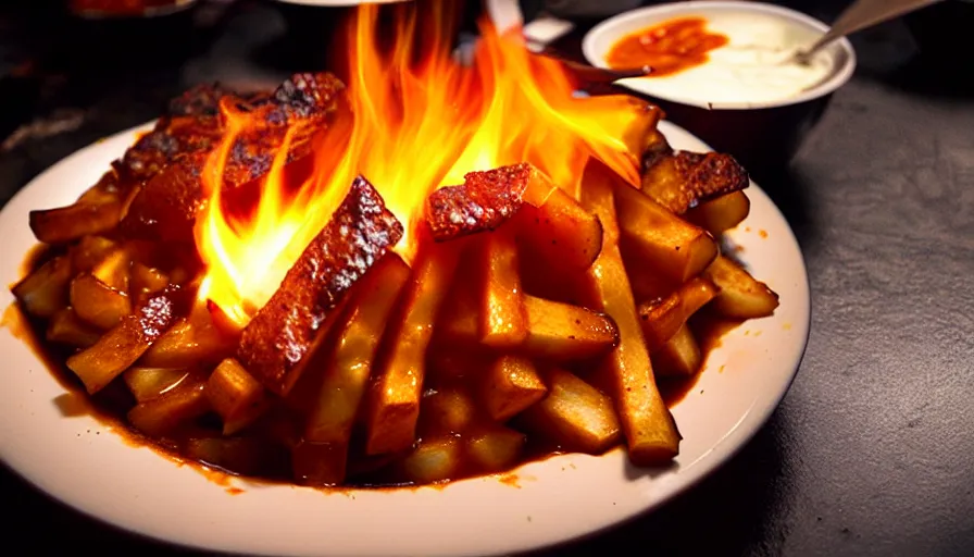 Prompt: poutine ( the canadian meal ) from mount doom, volcano texture, lava texture, fire texture