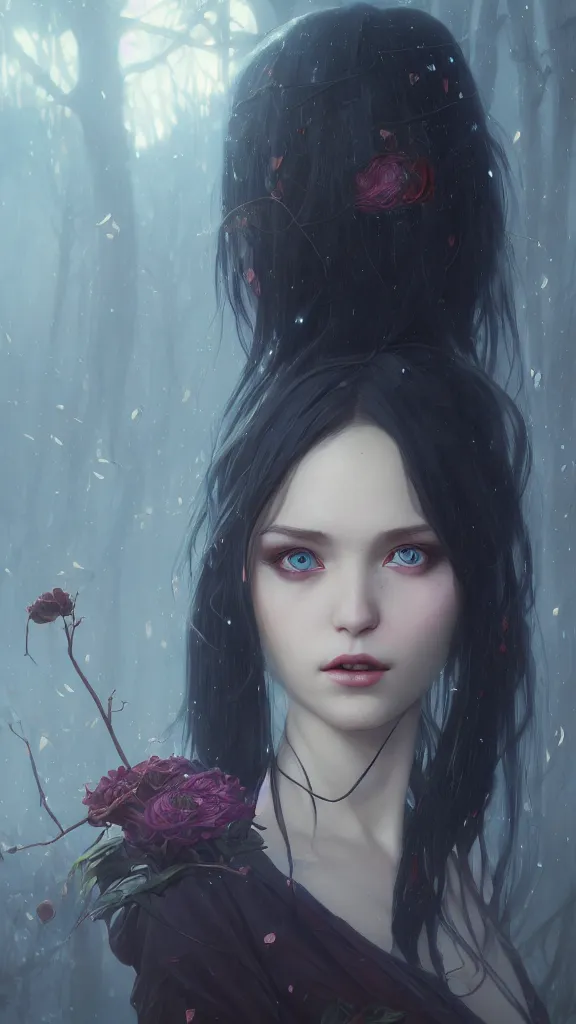 Image similar to highly detailed vfx portrait of a beautiful vampire girl, wonderful eyes, three - dimensional rendering, unreal engine, alexey gurylev, greg rutkowski, loish, rads, beeple, makoto shinkai and lois van baerle, rossdraws, tom bagshaw, alphonse mucha, global lighting, detailed and complex environment