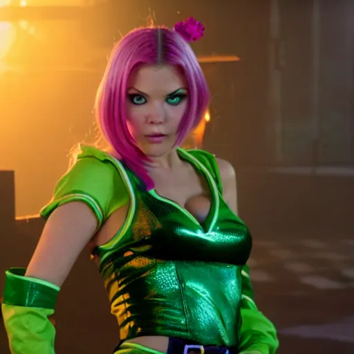 Prompt: cinematic scene with elisha cuthbert as jolyne from jojo's bizarre adventure, live action film, stone ocean, dramatic, small details, volumetric lighting, still frame