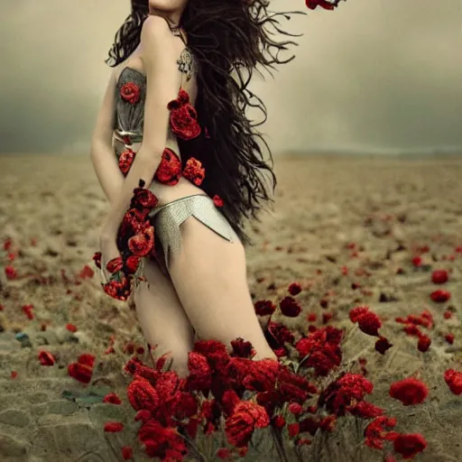 Prompt: full body fine art photo of the beauty gal gadot, she is covered with dried roses, taken by oleg oprisco