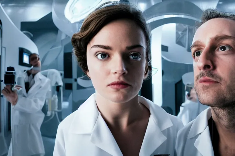 Image similar to movie closeup polar opposites, couple, researchers in a futuristic lab building inter dimensional portal machine, beautiful skin, Symmetrical faces. Beautiful lighting by Emmanuel Lubezki