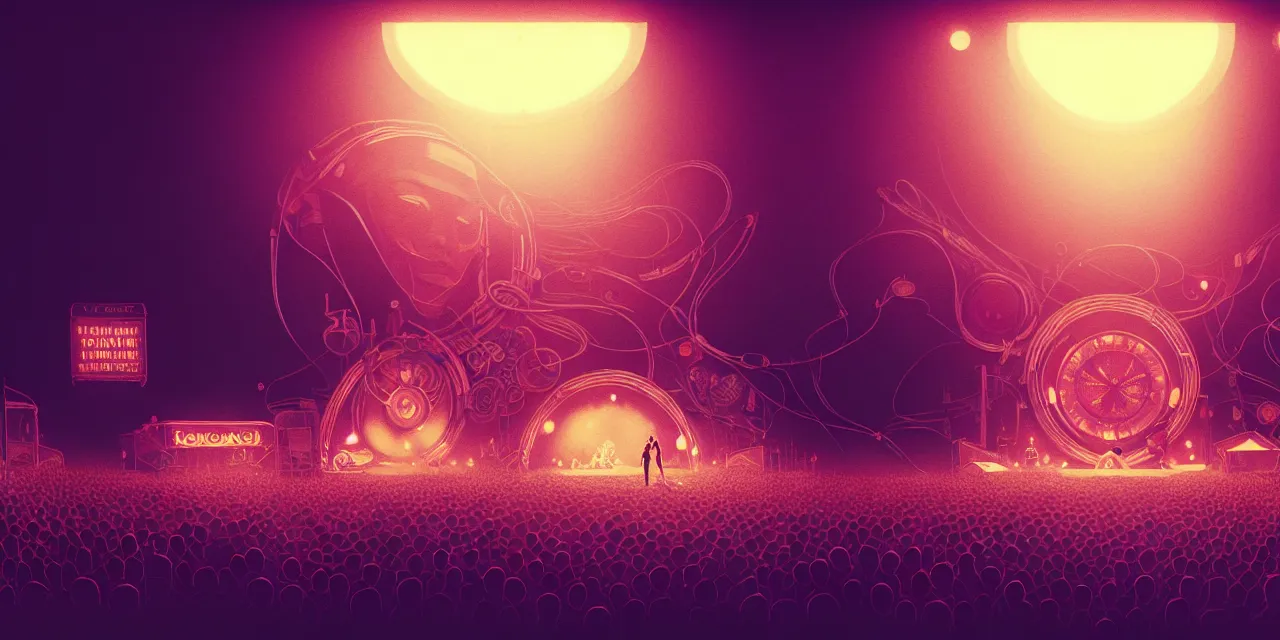 Image similar to tomorrowland, hyper - realistic portrait of a man in a hoodie, on the stage of a music festival, intricate, 4 k, by atey ghailan, by greg rutkowski, by greg tocchini, by james gilleard, by joe fenton, by kaethe butcher, dynamic lighting, lighting color scheme, sharp focus, grunge aesthetic