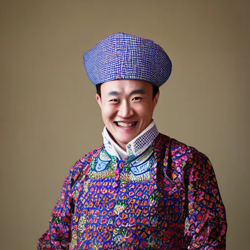 Image similar to photography of smiling kim chen in. kim chen in is wearing traditional - ukrainian shirt designed by taras shevchenko.