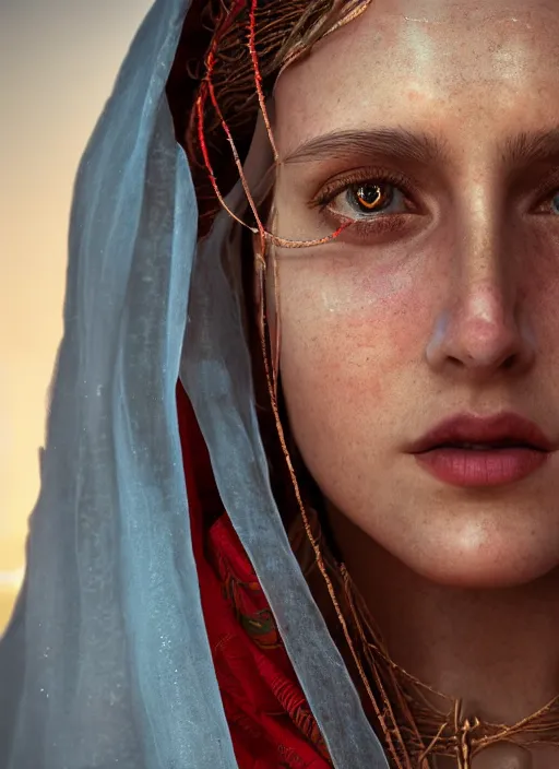 Prompt: closeup portrait of mary magdalene, depth of field, zeiss lens, detailed, symmetrical, centered, fashion photoshoot, by Annie Leibovitz and Steve McCurry, David Lazar, Jimmy Nelsson, Breathtaking, 8k resolution, extremely detailed, beautiful, establishing shot, artistic, hyperrealistic, beautiful face, octane render