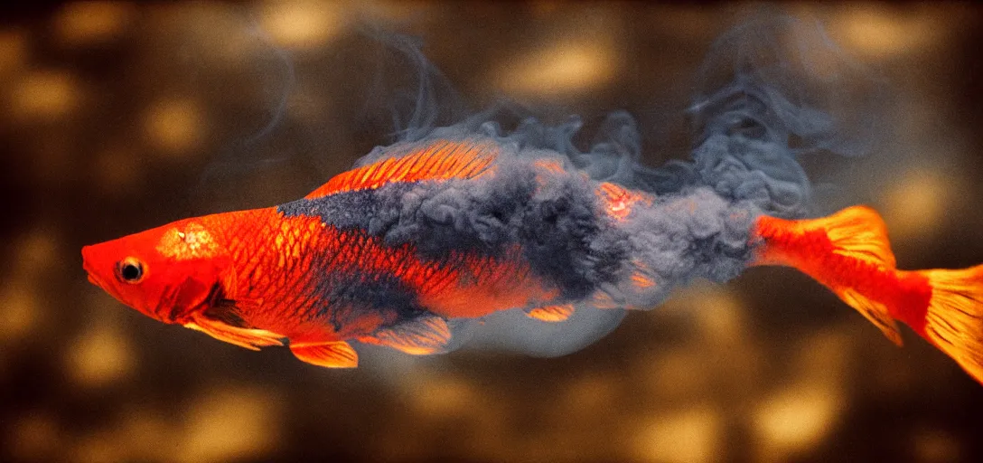 Prompt: smoke,!!! colored photography, tilt shift wwi a titanic koi fish, dramatic light, zdzidaw, ultrafine, hyperrealistic, 3 2 k, 3 5 mm film still, movie