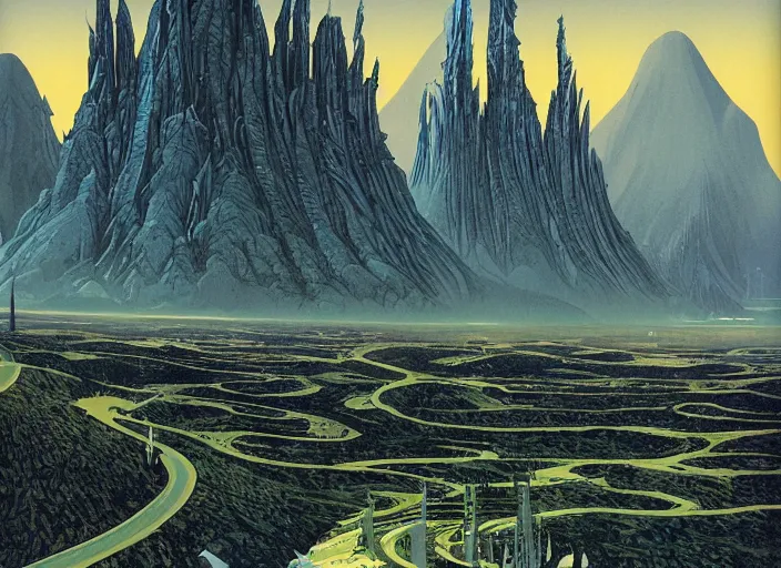 Image similar to ground view of a future city surrounded by mountains. style by peter elson and eyvind earle.