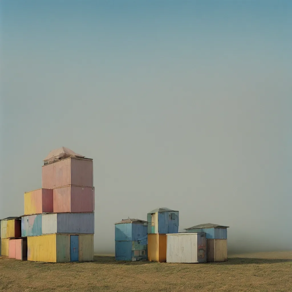 Image similar to vertically stacked makeshift squatter shacks with pastel colours, plain uniform sky at the back, misty, mamiya, ultra sharp, very detailed, photographed by alejandro jodorowsky