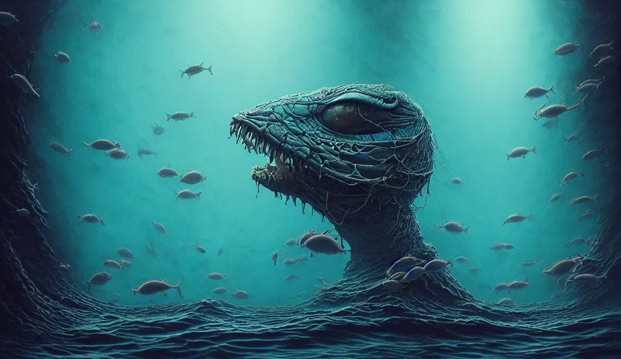 Image similar to epic professional digital art of hungry eyes, ambient teal light, painted, mysterious, closeup cinematic aquatic life scene, eerie, mythic, detailed, intricate, grand, leesha hannigan, wayne haag, reyna rochin, ignacio fernandez rios, mark ryden, van herpen, artstation, cgsociety, epic, stunning, gorgeous, wow wow detail