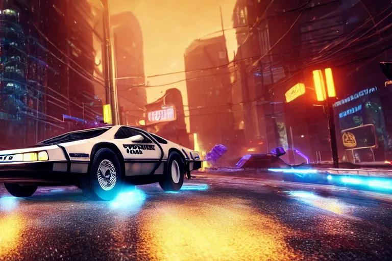 Prompt: photo of the back to the future delorean being chased by police on wet cyberpunk city streets at night, rocket league tank, mad max, action, speed, volumetric lighting, hdr, gta 5, makoto shinkai, syd mead, borderlands, fast and furious, octane, 8 k, iso 1 0 0, 1 2 mm