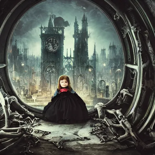 Image similar to a color photo of young sad victorian gothic child with big eyes and wide grin sitting on a sofa of bones surrounded by a cyber futuristic cityscape made of human body parts, ultra detailed, 8 k resolution, beautiful lighting, expansive detailed layered city, landscape, sigma 8 5 mm, award winning photography