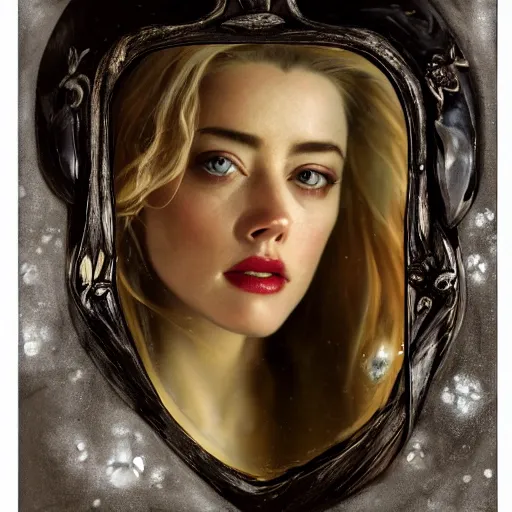 Image similar to hyperrealistic portrait of a woman as amber heard as a vampire witch tears makeup dramatic in a black flower coat reflection in a stone mirror portrait cracks with falling petals. by jeremy mann and alphonse mucha, fantasy art, photo realistic, dynamic lighting, artstation, poster, volumetric lighting, very detailed faces, 4 k, award winning