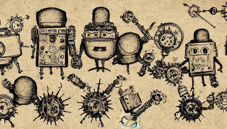 Image similar to cute steampunk robots with souls and large eyes smiling and waving, isolated on white background, drawn by leonardo da vinci with black ink and stippled pen, 3D occlusion